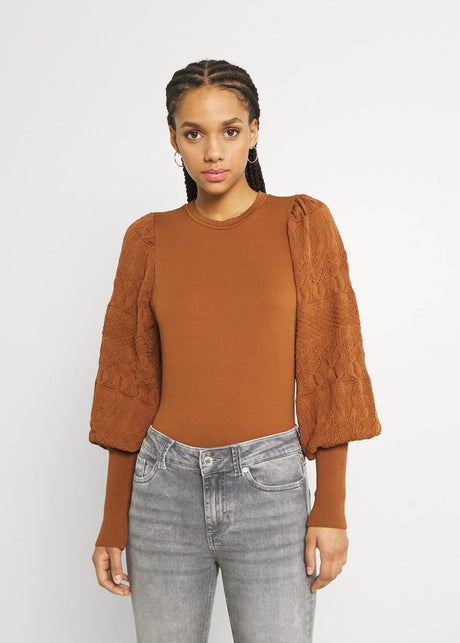 Image for Women's Puffed Sleeves Textured Sweater,Brown