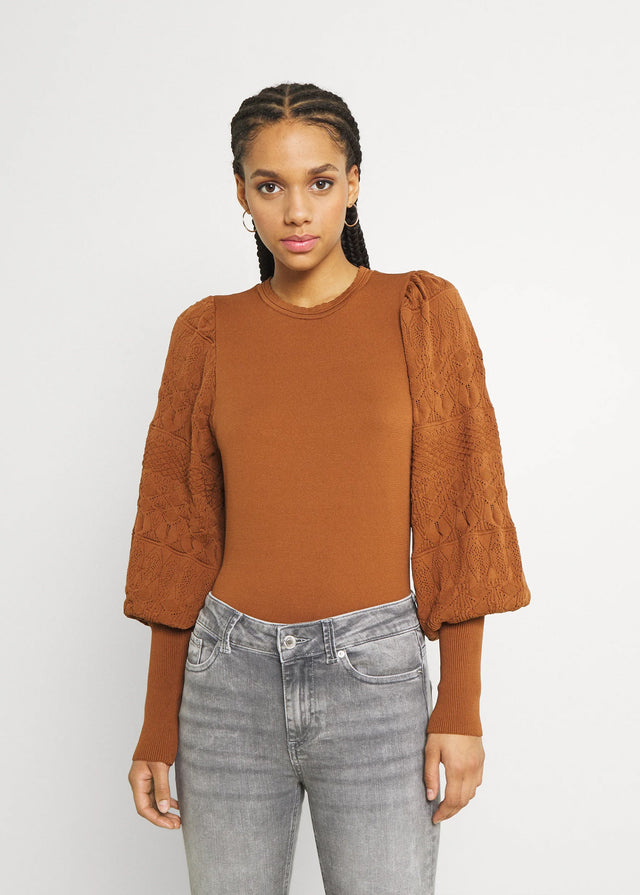 Image for Women's Puffed Sleeves Textured Sweater,Brown