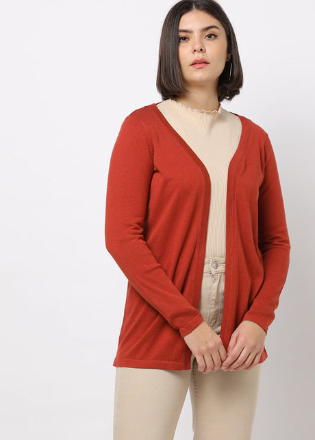 Image for Women's Plain Open Cardigan,Brick