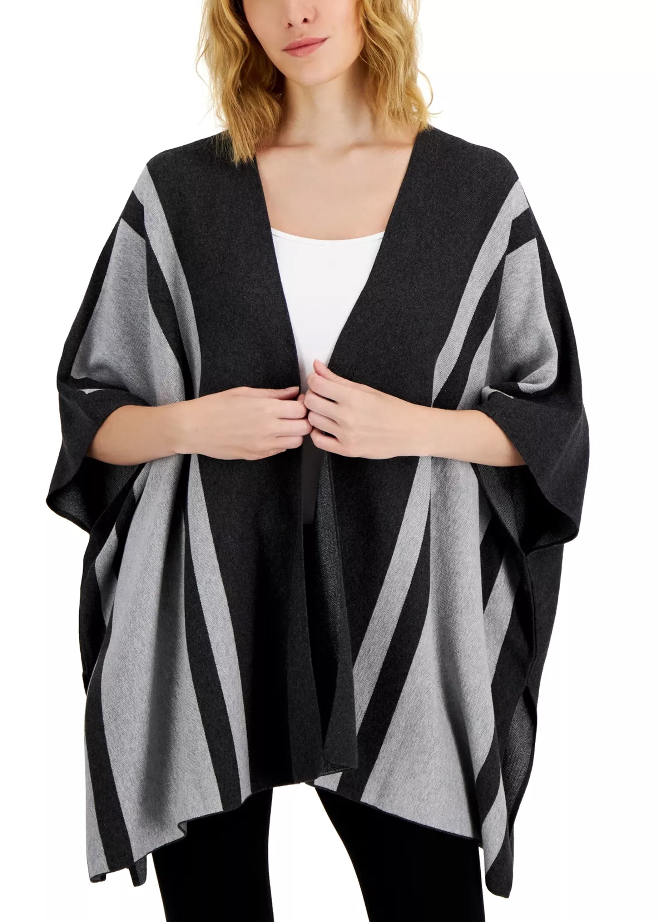 Women s Striped Poncho Sweater Grey All Brands Factory Outlet