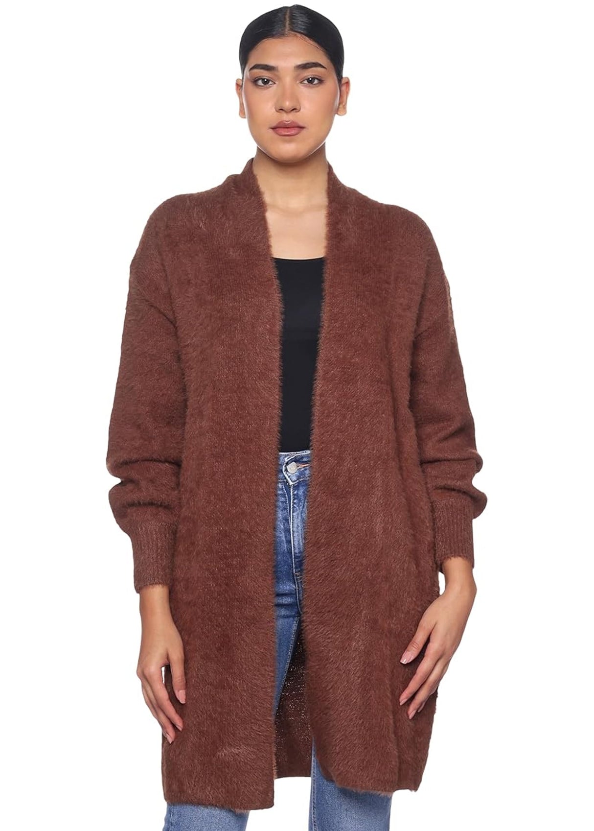 Image for Women's Plain Long Knitted Cardigan,Brown