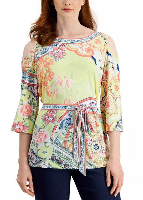 Image for Women's Belted Cold Shoulder Blouse,Multi