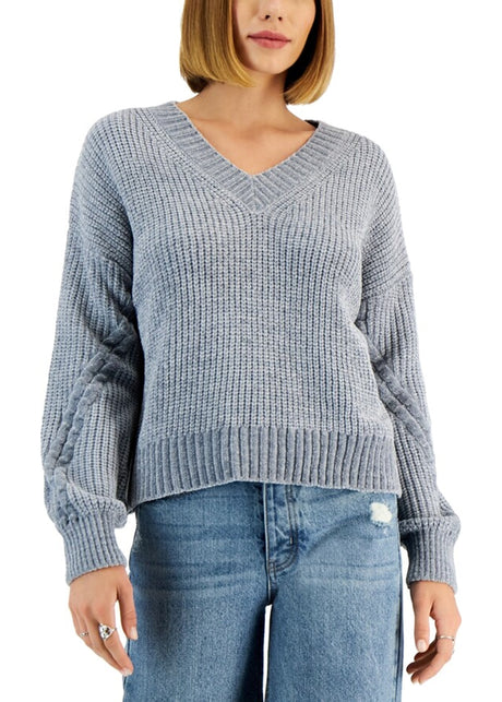 Image for Women's Chenille Cable Knit Cropped Sweater,Grey