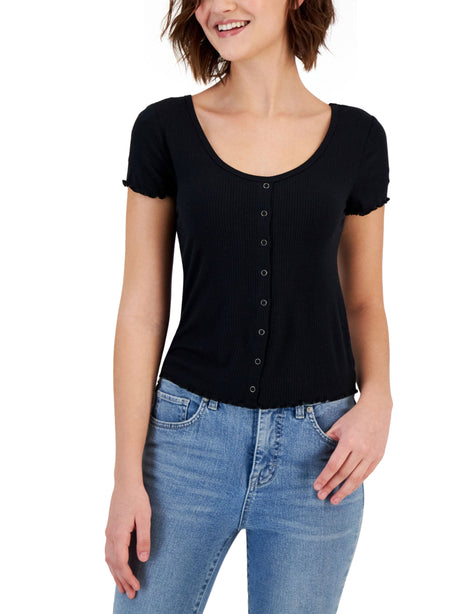 Image for Women's Ruffle Trim Ribbed Top,Black