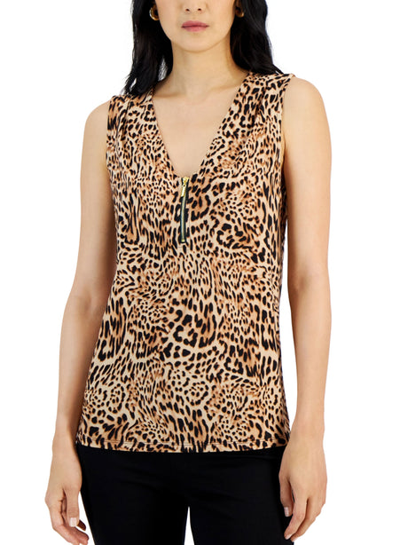 Image for Women's Zip Front Animal Printed Top,Beige