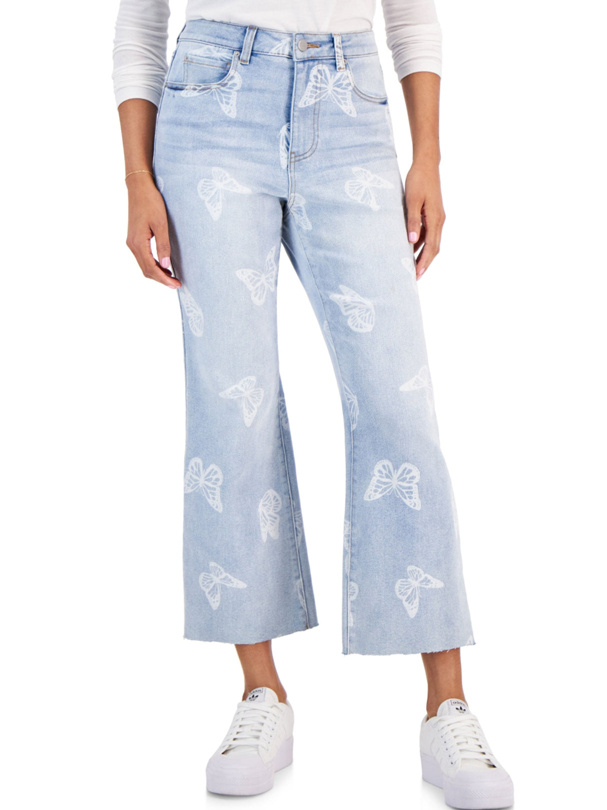 Image for Women's Butterfly Printed Cropped Flare Jeans,Light Blue