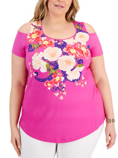 Image for Women's Floral Printed Cold Shoulder Top,Pink