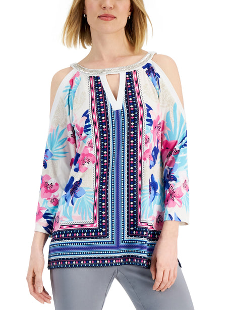 Image for Women's Printed Embellished Cold Shoulder Top,Multi