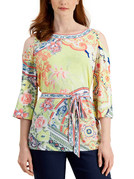 Image for Women's Cold Shoulder Printed Top,Yellow