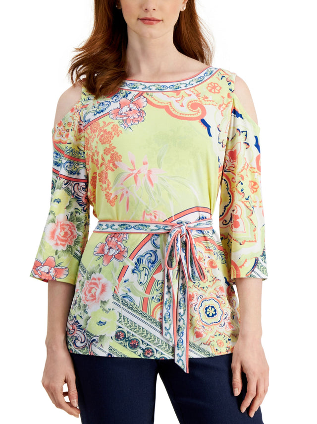 Image for Women's Cold Shoulder Printed Top,Yellow