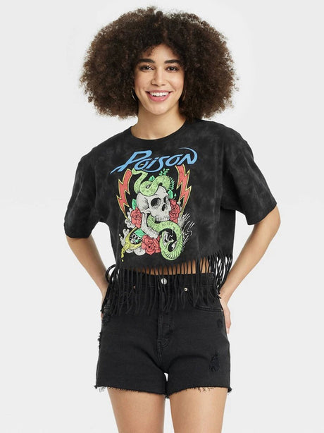 Image for Women's Graphic Printed Fringed T-Shirt,Dark Grey