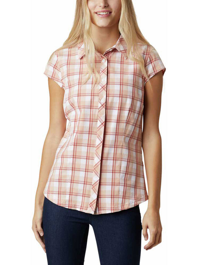 Image for Women's Buttons Down Plaid Shirt,Coral