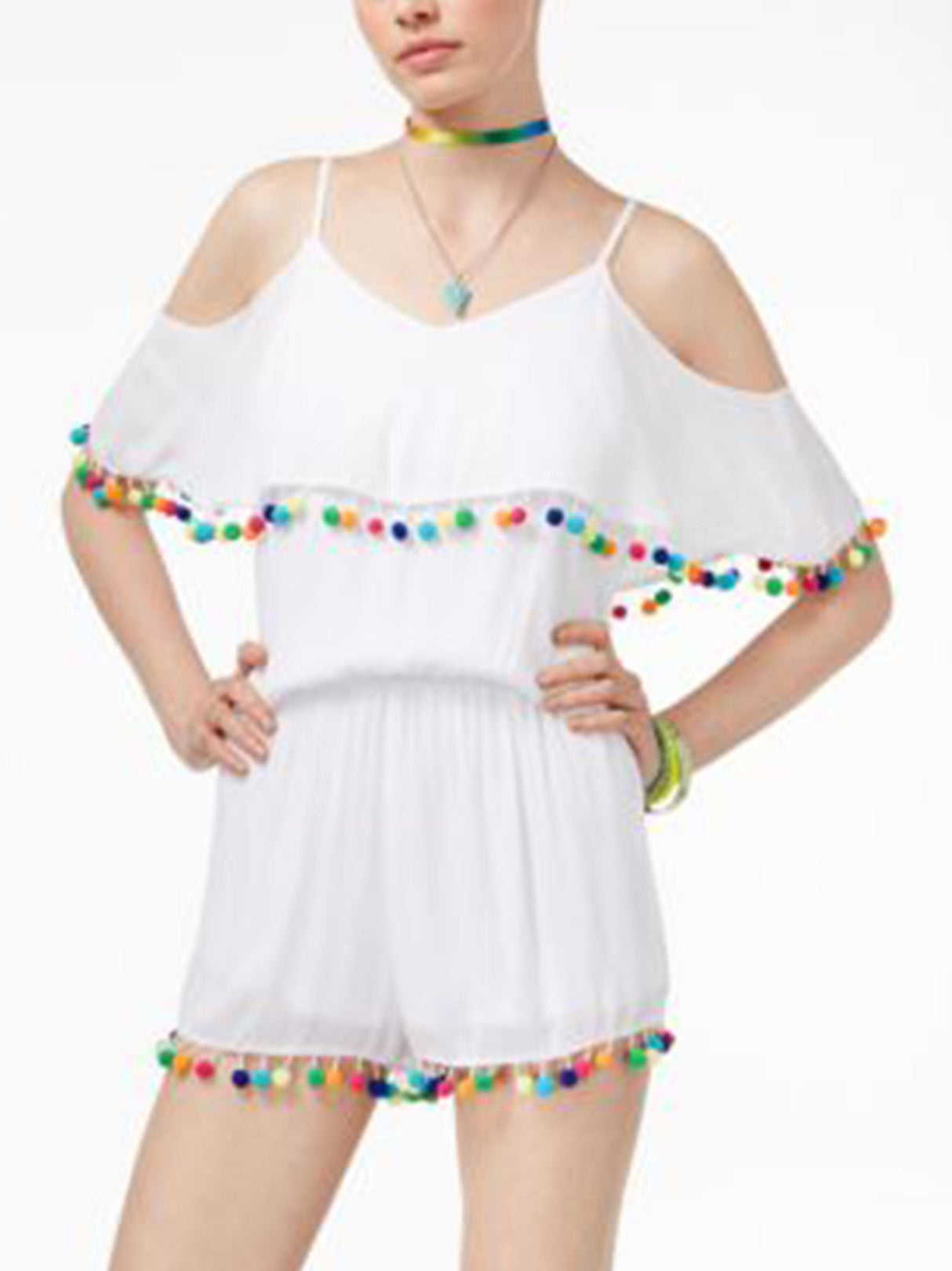 Image for Women's Cold Shoulder Pom Pom Romper ,White