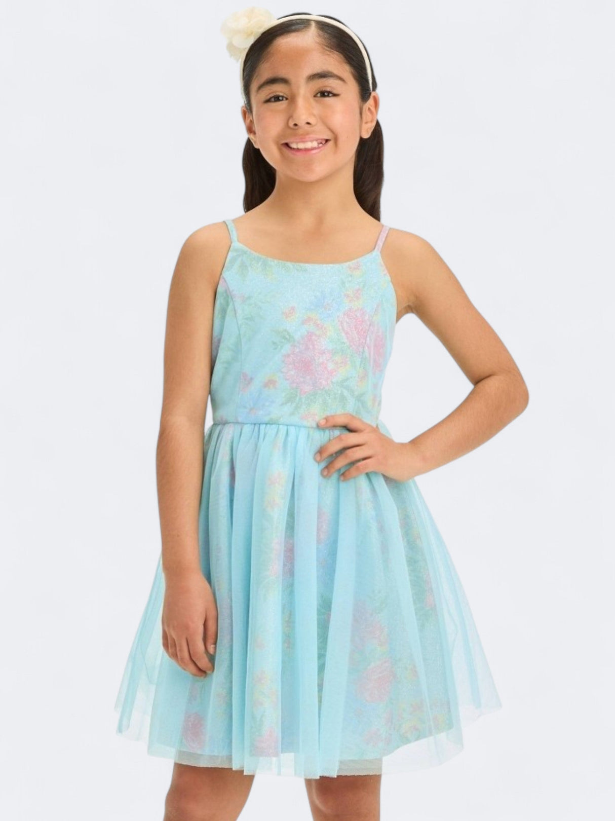 Image for Kid's Girl's Glitter Floral Printed Dress,Light Blue