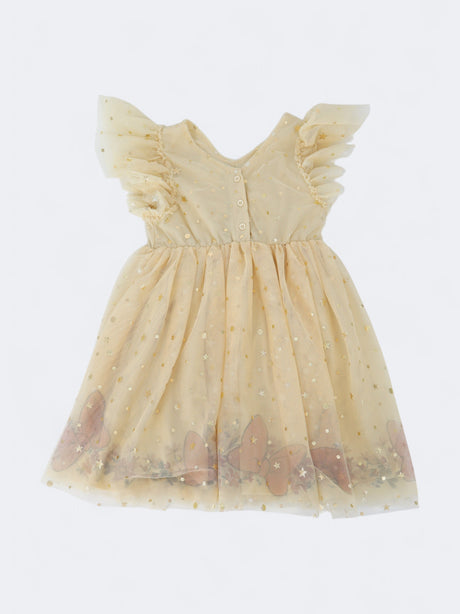 Image for Kids Girl's Printed Dress,Inner Lining,Sheer Tulle Overlay,Yellow