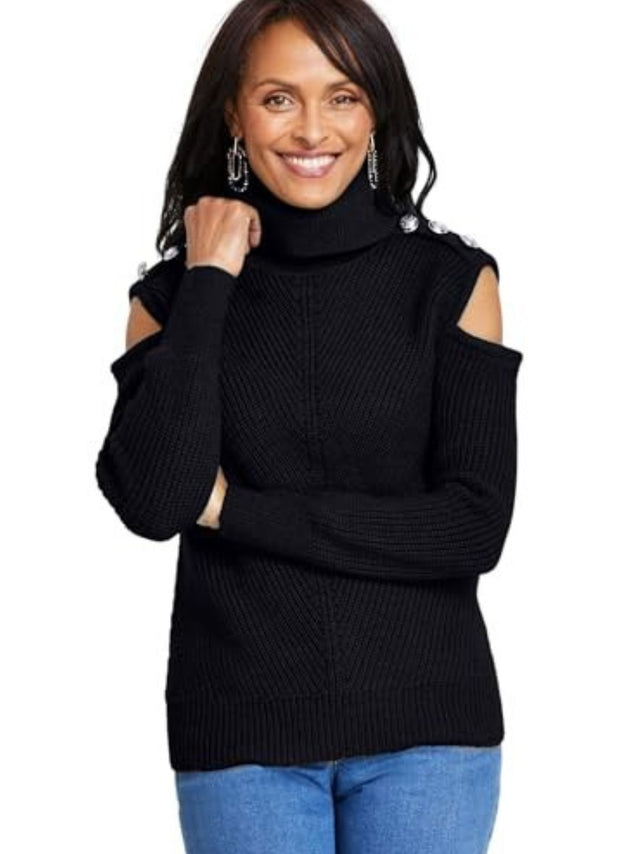 Image for Women's Knitted Cold Shoulder Plain Sweater,Black
