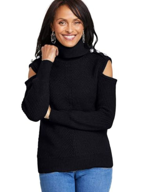 Image for Women's Knitted Cold Shoulder Sweaters,Black
