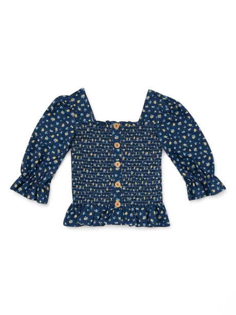 Image for Kids Girl's Floral Printed Top Decorative Buttons,Navy