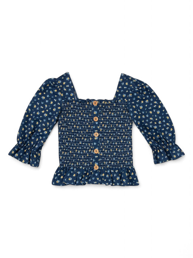 Image for Kids Girl's Floral Printed Top Decorative Buttons,Navy