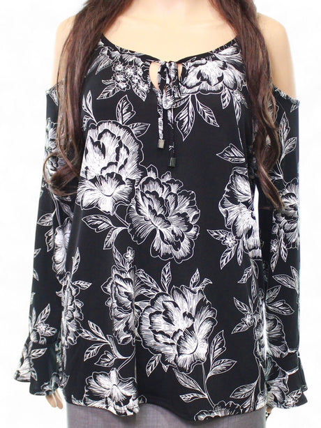 Image for Women's Floral Printed Cold Shoulder Top,Black