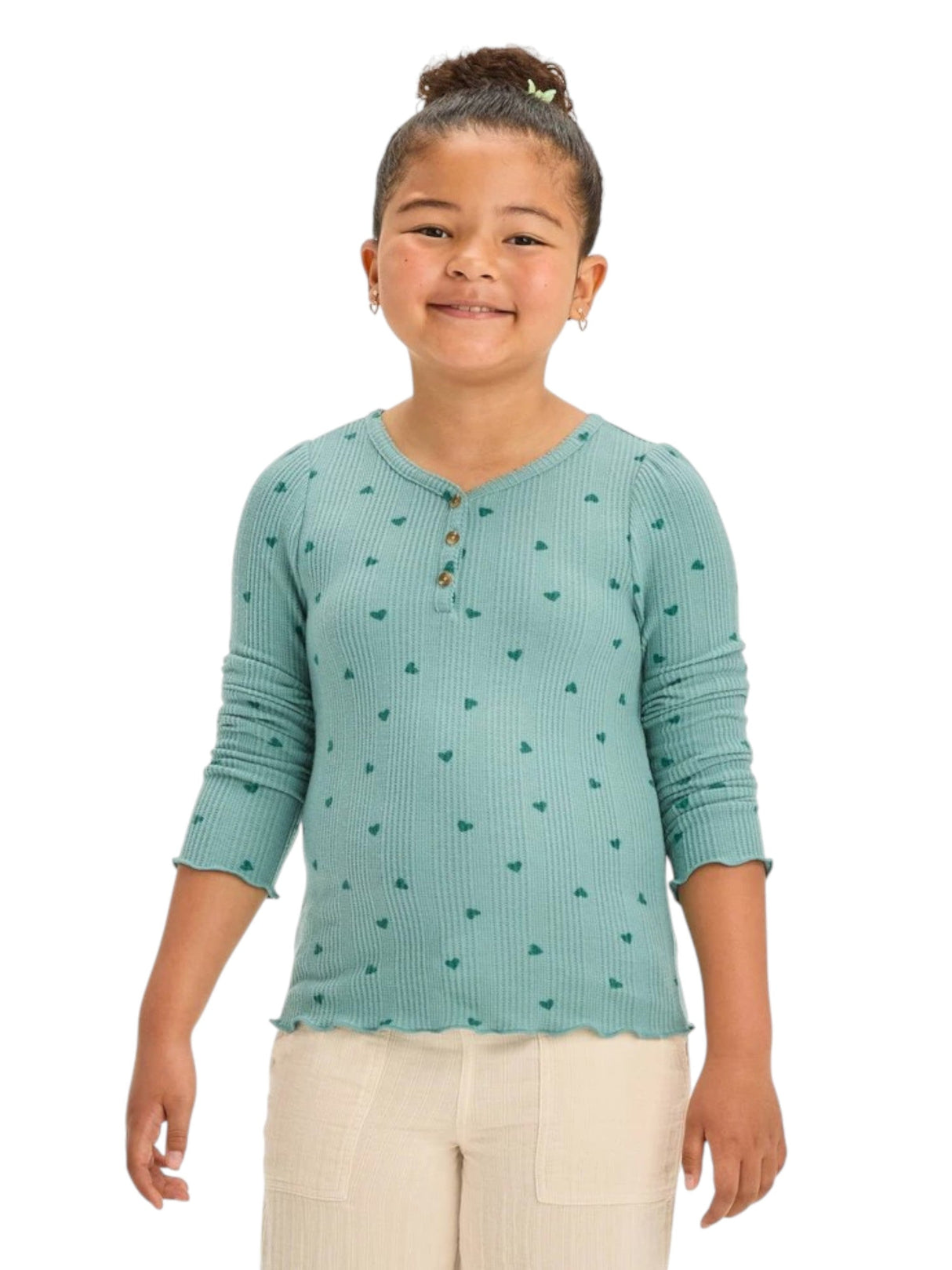 Image for Kids Girl's Hearts Printed Ribbed Knitted Top,Aqua