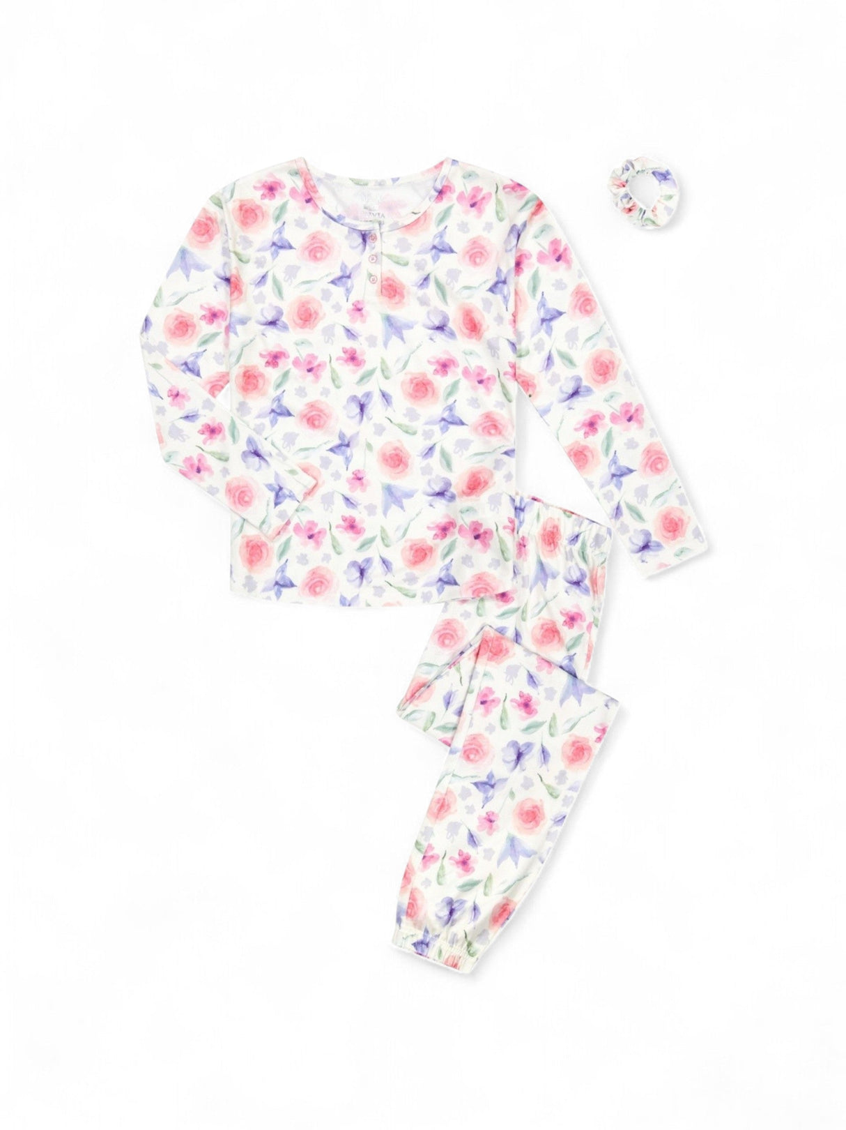 Image for Kids Girl's Floral Printed Pajama Set Elastic Hair Band,White