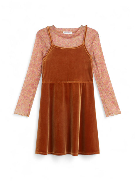 Image for Kids Girl's Seeveless Velour Dress,Mesh Top,Mustard
