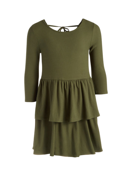 Image for Kids Girl's Ribbed Ruffled Dress,Olive