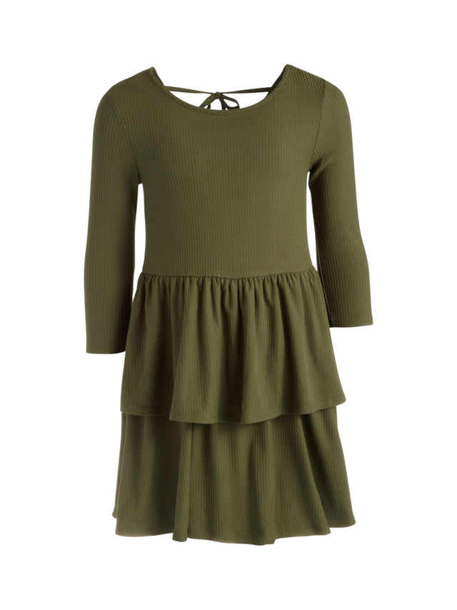 Image for Kids Girl's Ribbed Ruffled Dress,Olive