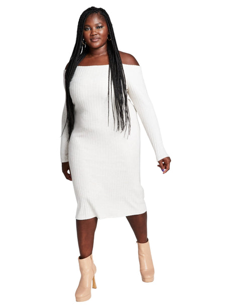 Image for Women's Knitted Ribbed Cold Shoulder Dress,Light Grey