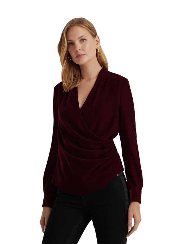 Image for Women's Velvet Textured Wrap Front Top,Burgundy