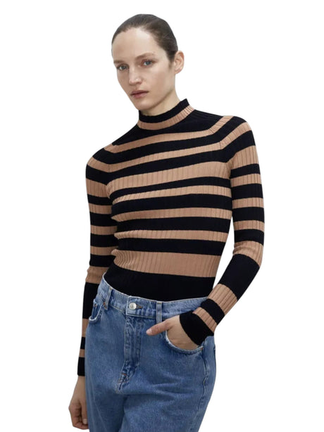 Image for Women's Striped Knitted Sweaters,Black/Brown