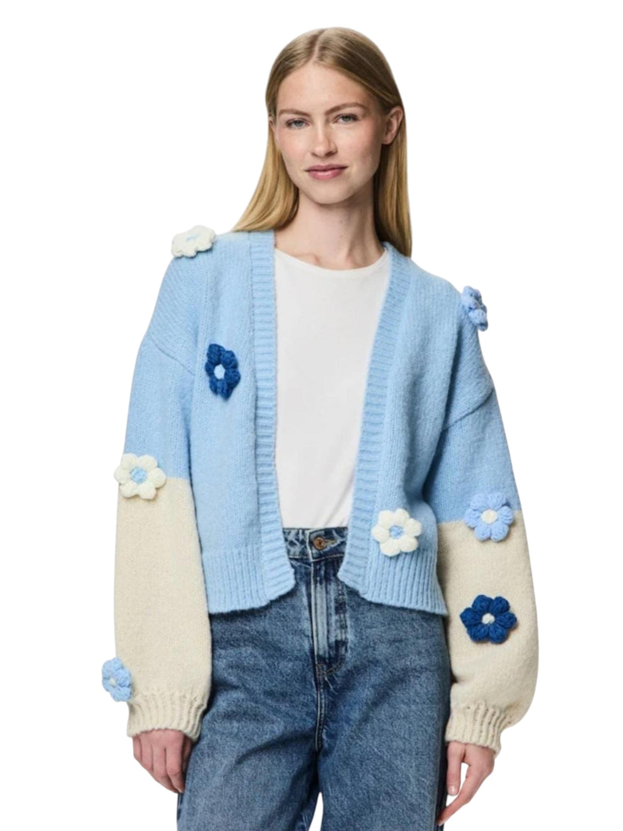 Image for Women's Floral Knitted Cardigan,Light Blue/White