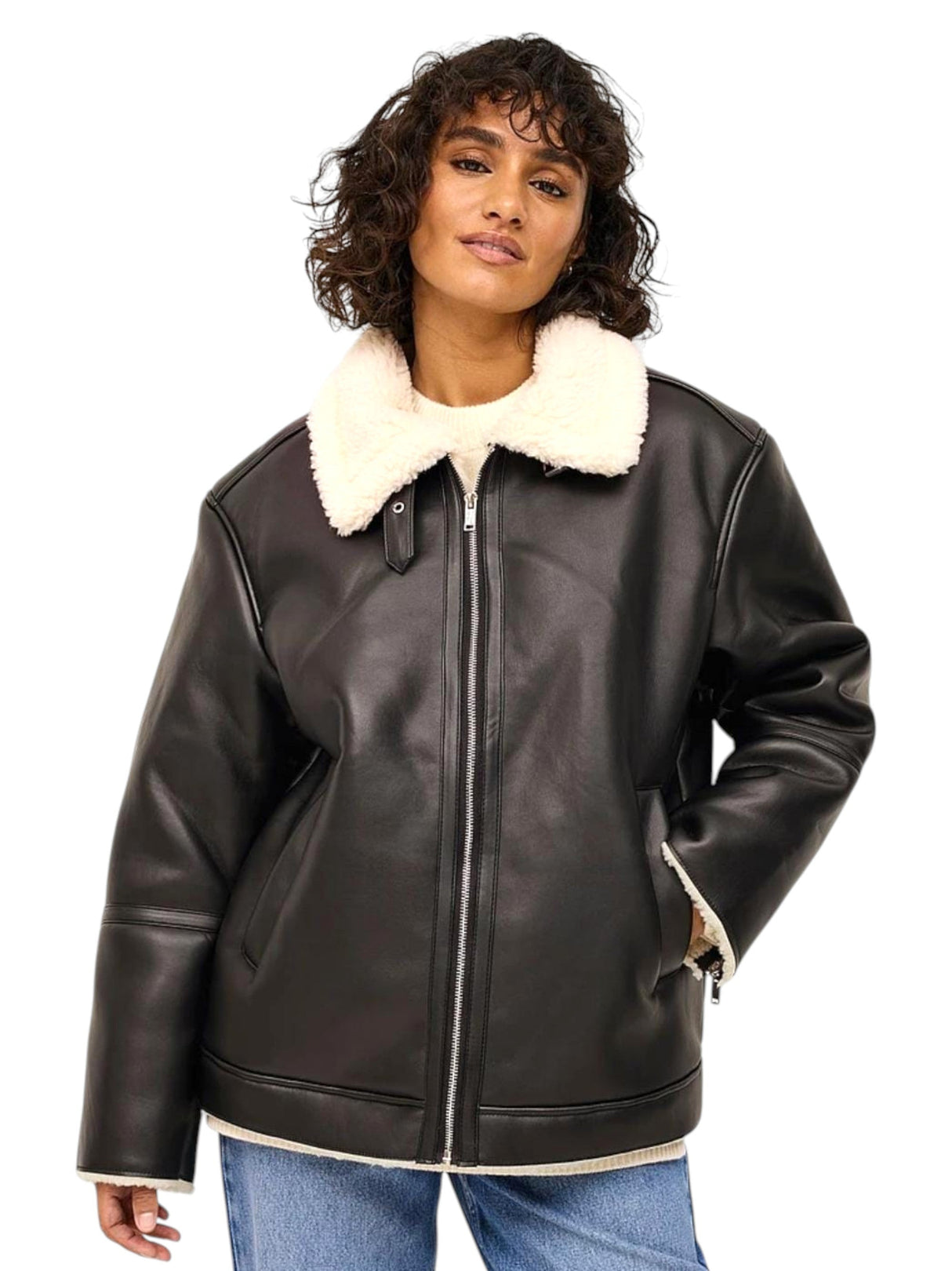 Image for Women's Faux Fur Lined Leather Jacket,Black