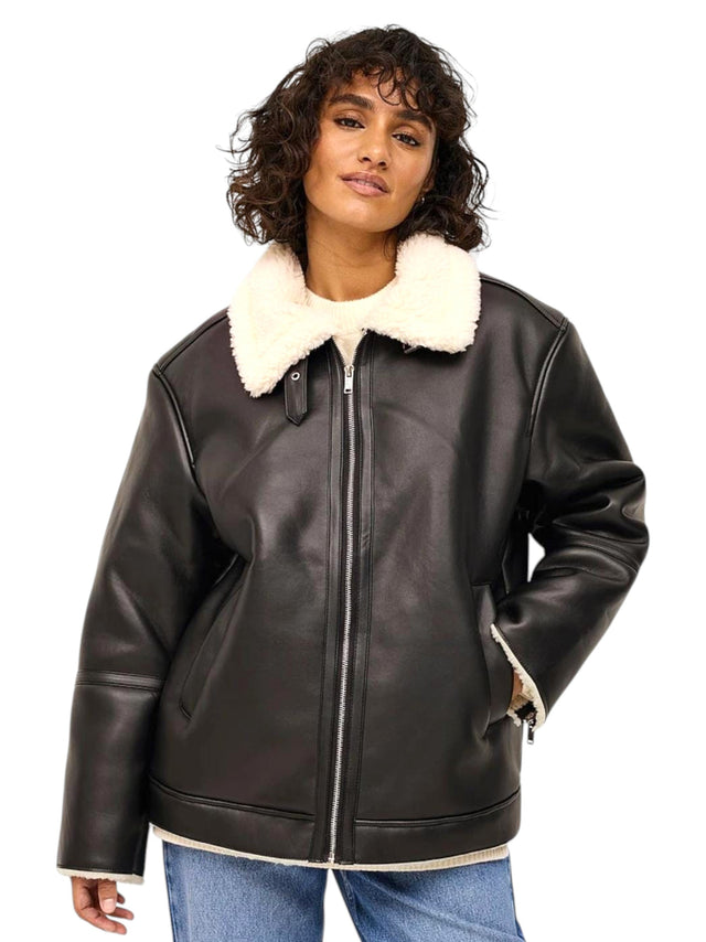 Image for Women's Faux Fur Lined Leather Jacket,Black