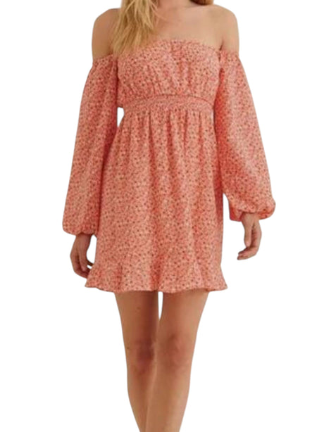 Image for Women's Floral Printed Ruffled Dress,Peach