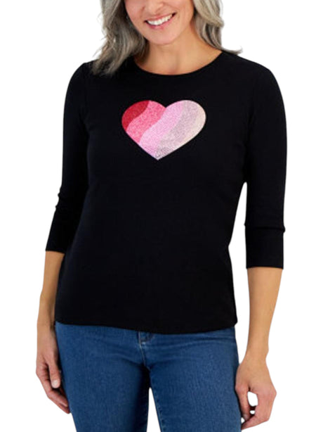 Image for Women's Heart Rhinestones Printed Top,Black