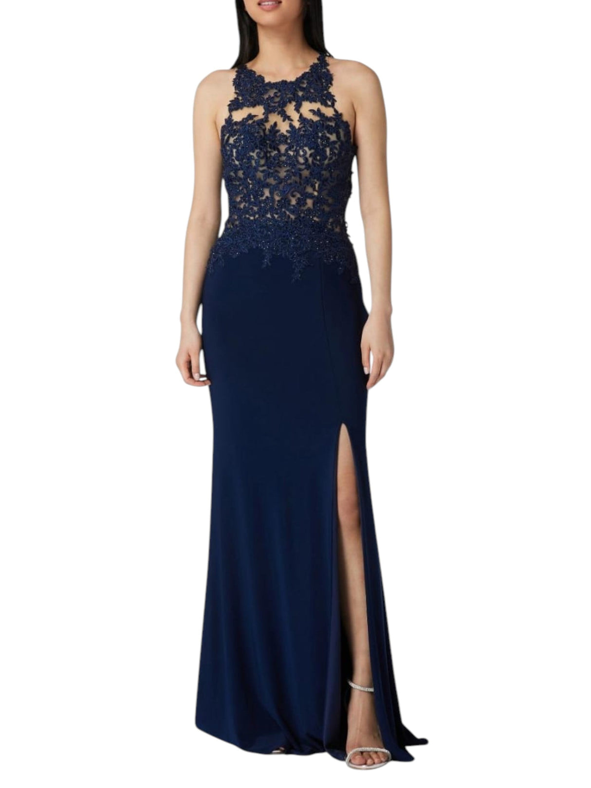 Image for Women's Floral Embroidered Open Back Dress,Navy