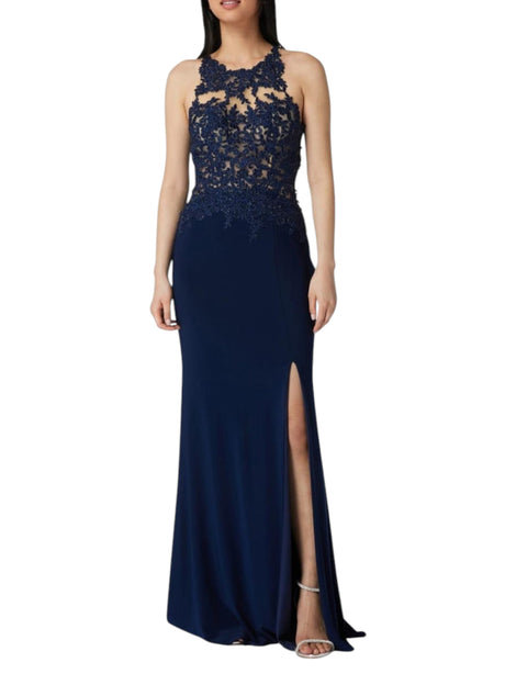 Image for Women's Floral Embroidered Open Back Dress,Navy