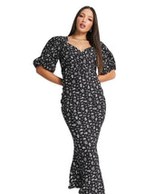 Image for Women's Floral Printed Ruffled Open Back Dress,Black