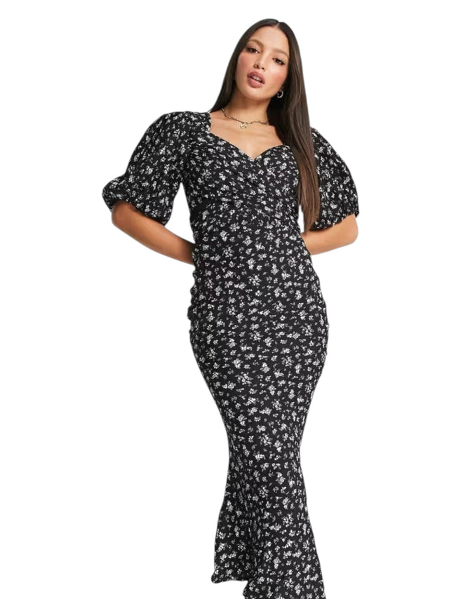 Image for Women's Floral Printed Ruffled Open Back Dress,Black