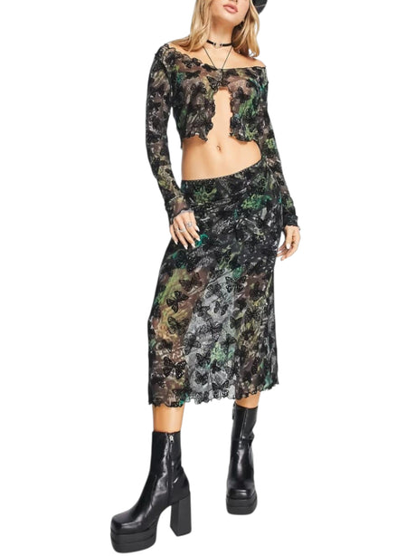 Image for Women's Butterfly Printed Mesh Crop Top,Black