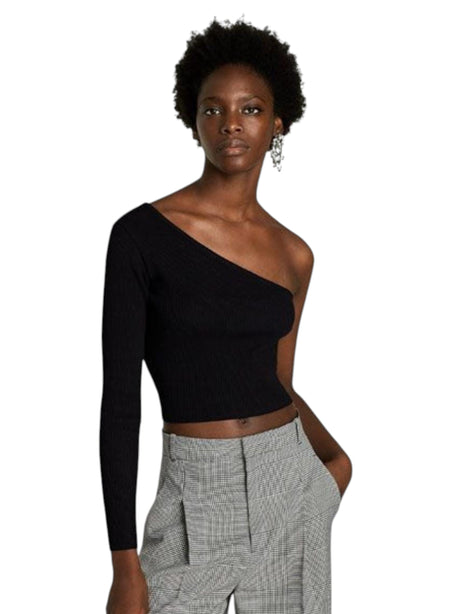 Image for Women's Ribbed Knitted One Of Shoulders Top,Black