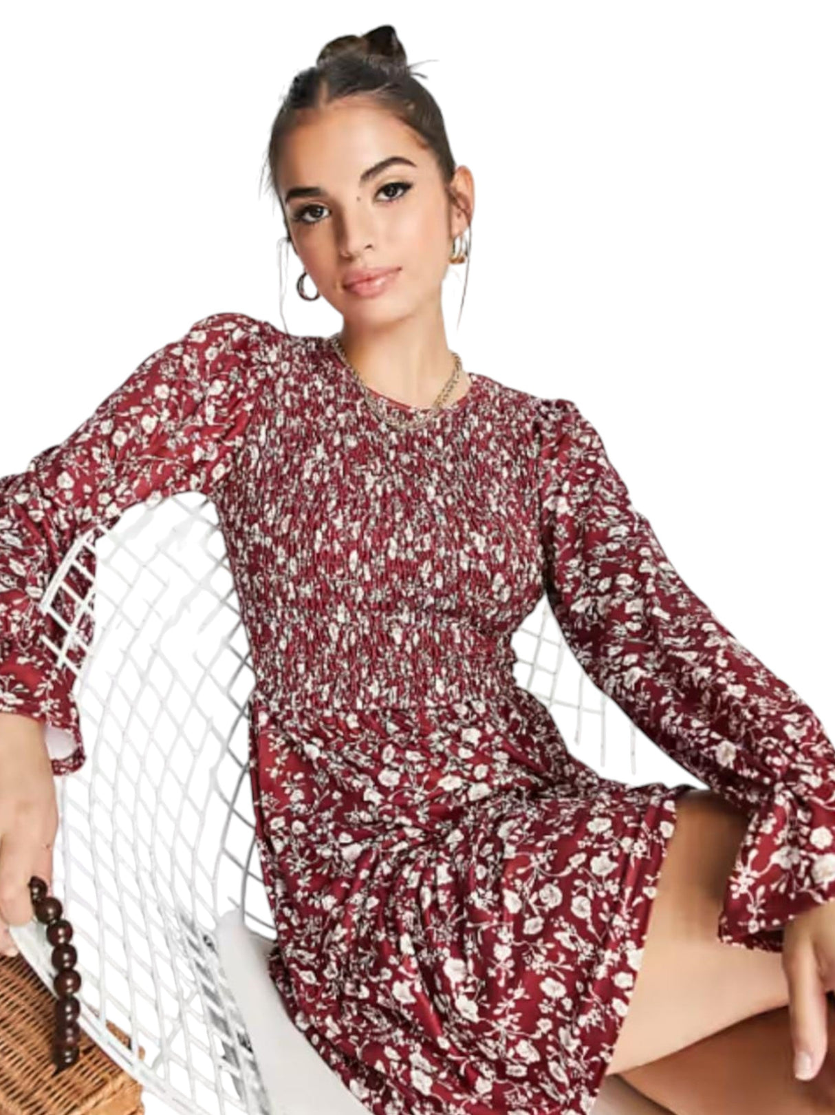 Image for Women's Floral Printed Ruffled Dress,Burgundy