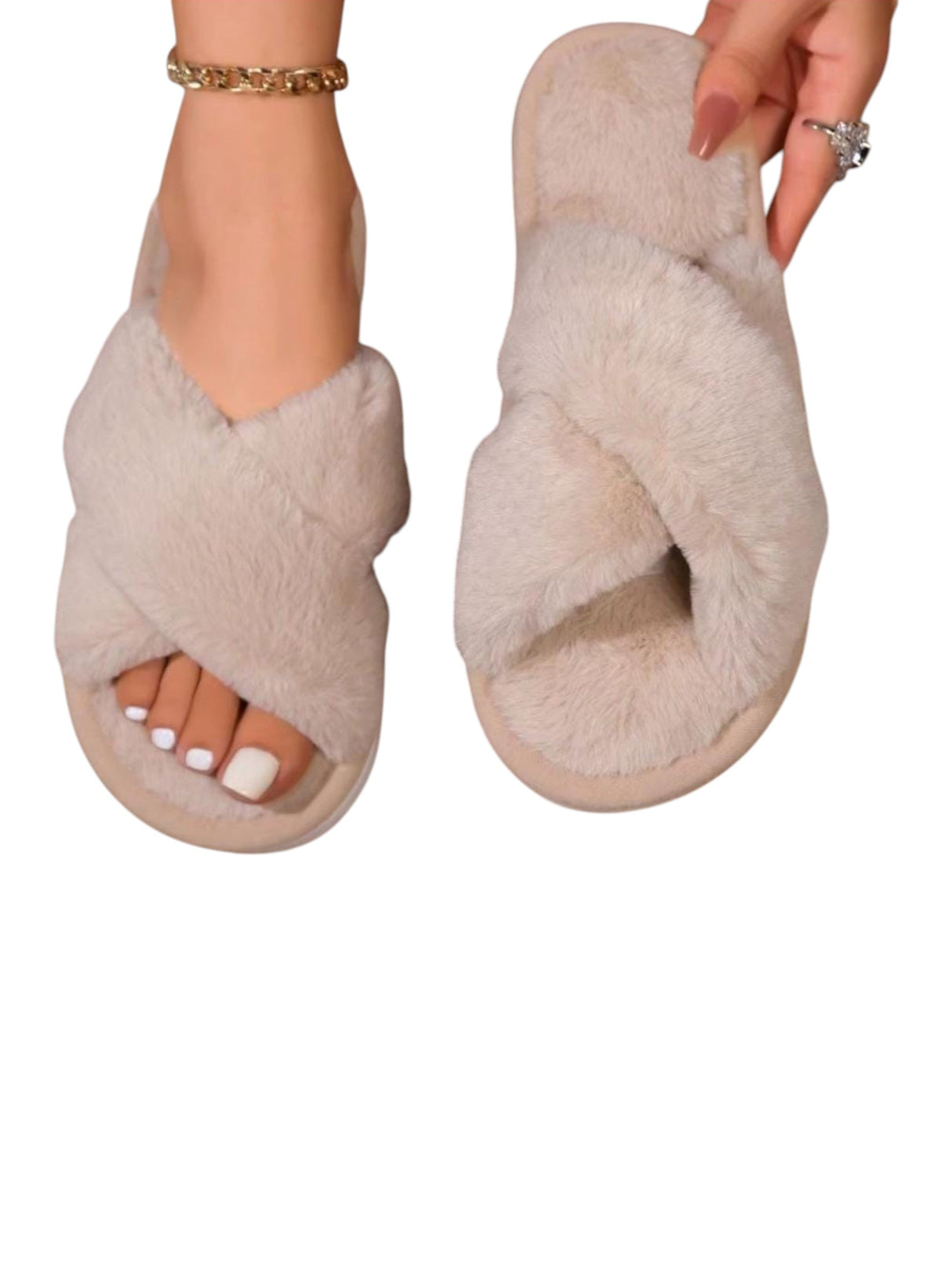 Image for Women's Faux Fur Slippers,Beige