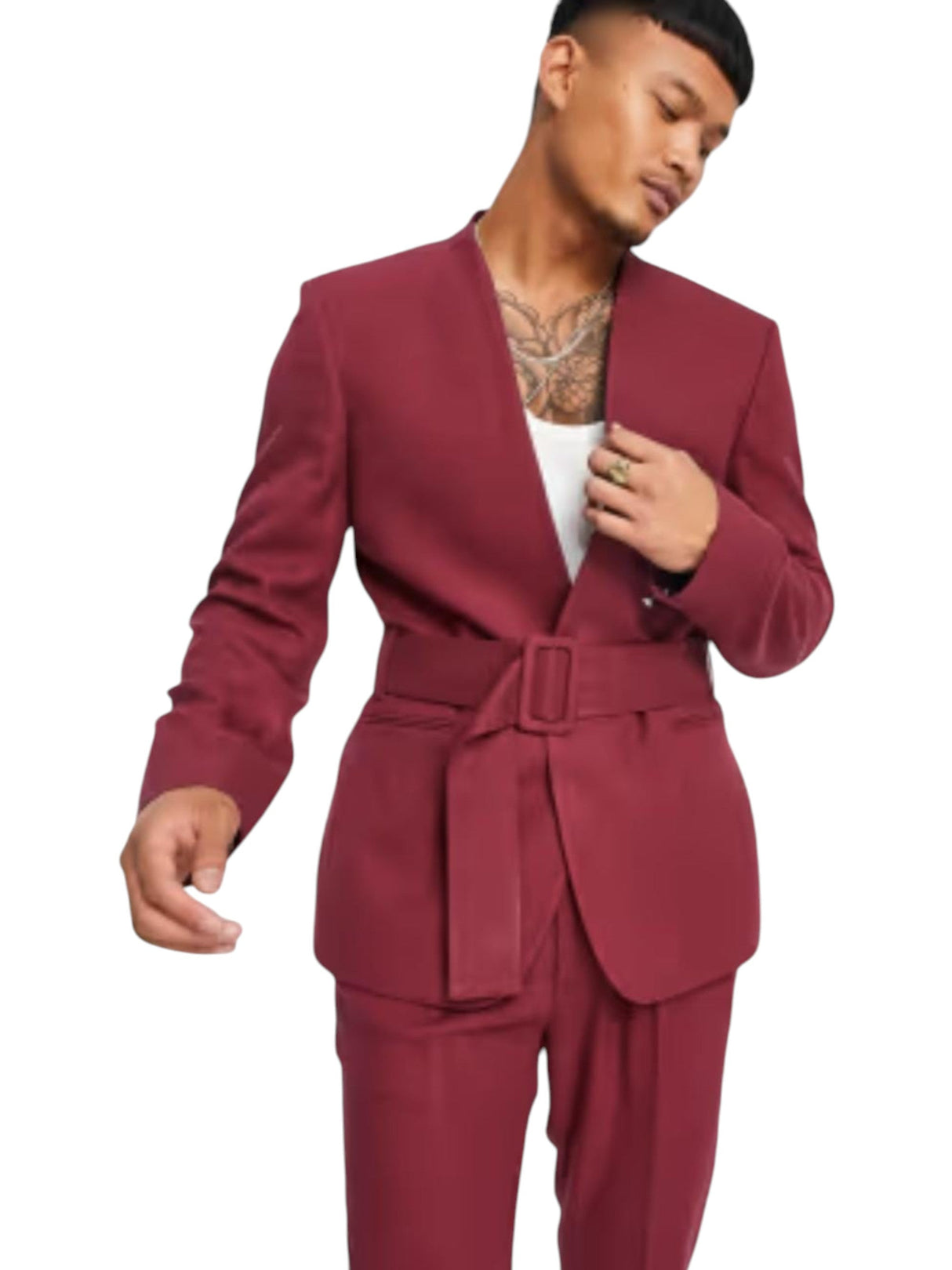 Image for Men's Plain Solid Belted Blazer,Burgundy