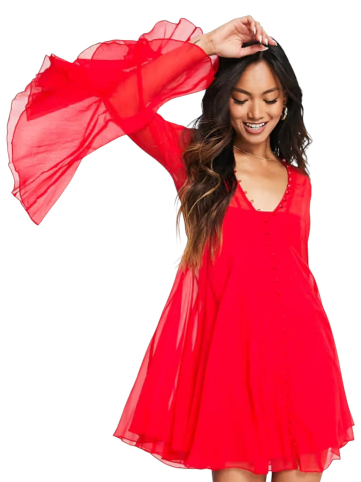 Image for Women's Ruffled Sheer Dress,Red