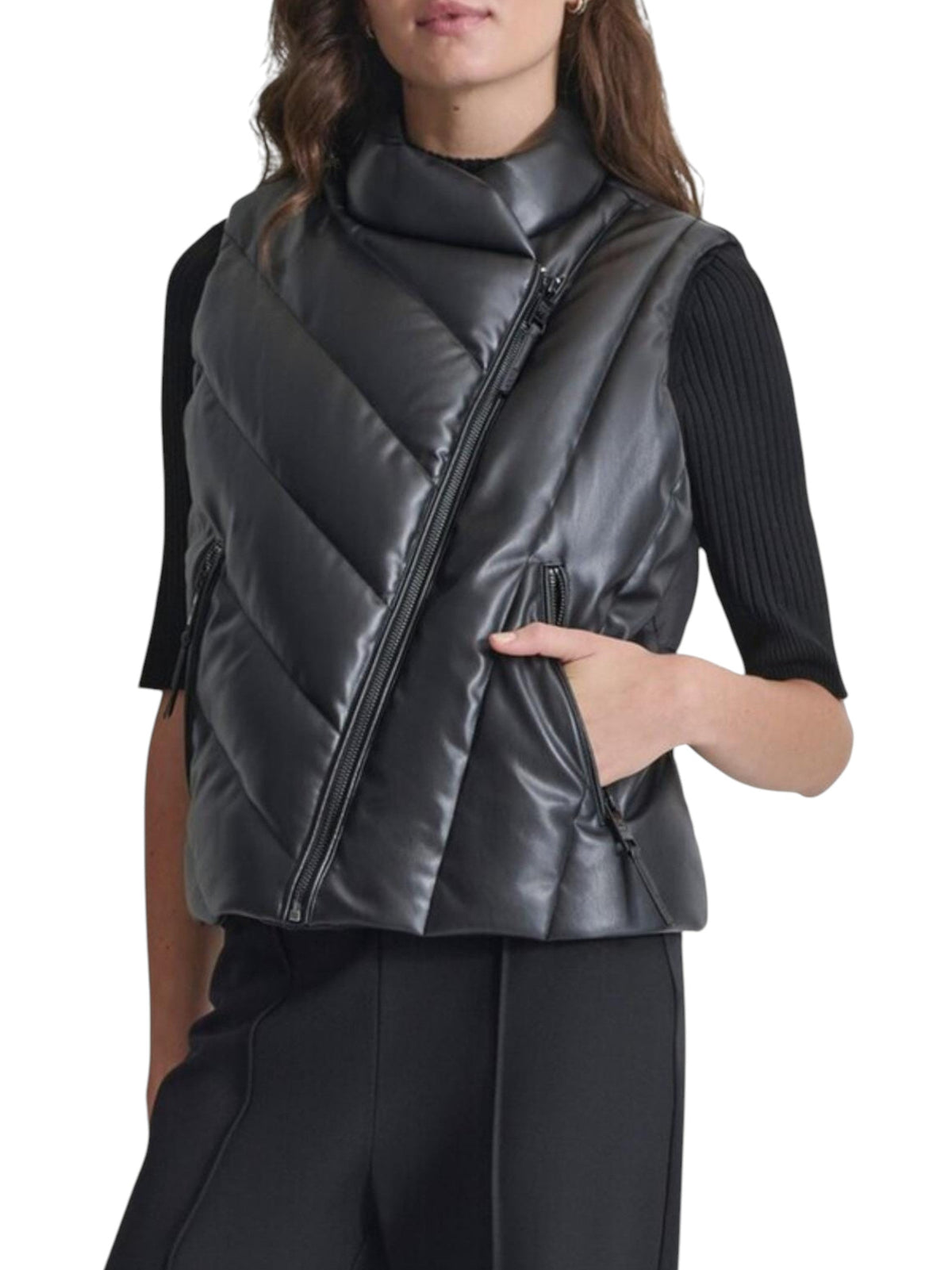 Image for Women's Leather Quilted Vest,Black