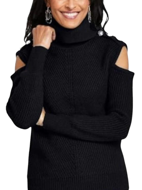 Image for Women's Knitted Cold Shoulder Sweaters,Black