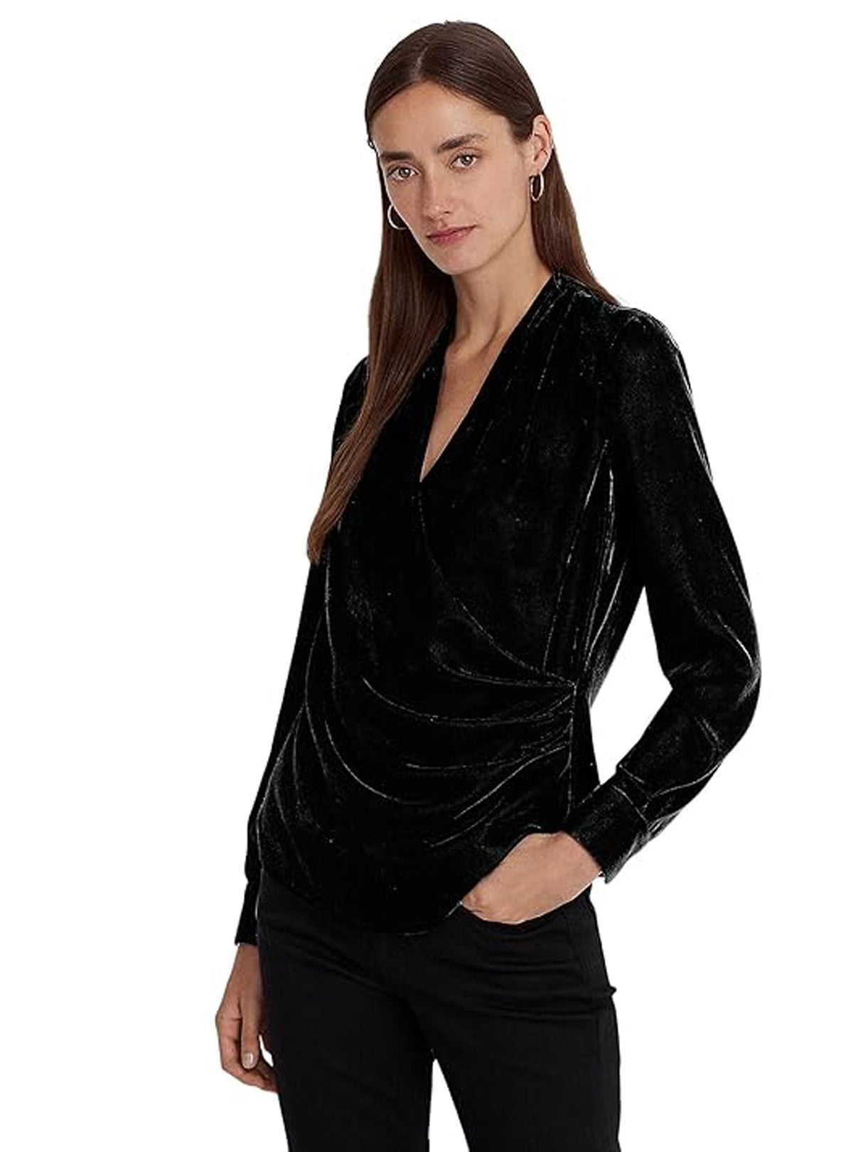 Image for Women's Plain Velour Wrap Top,Black